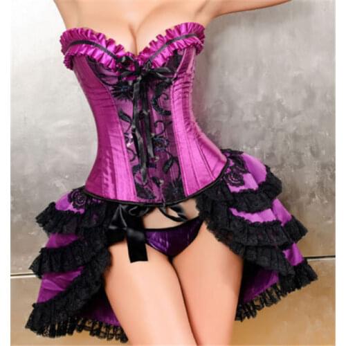 Women Gothic Burlesque Corset Dress Purple Satin Lace Up Overbust Bustier Corselet Skirt Set Halloween Party Costume