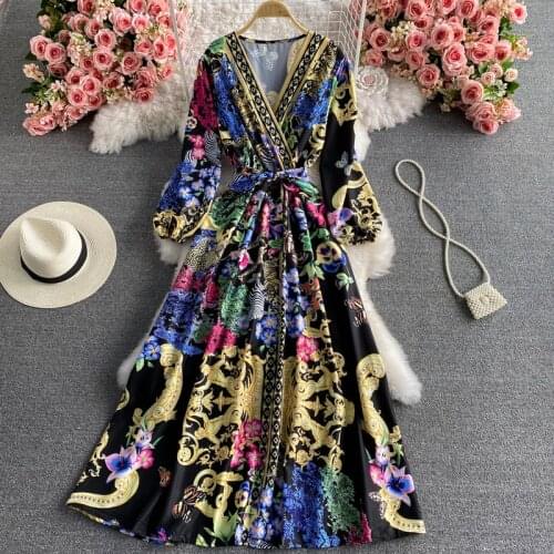 Womens Spring Summer Runway Fashion Long Sleeve Vintage Print Dress Female High Waist ChicTravel Beach Dress TB1943