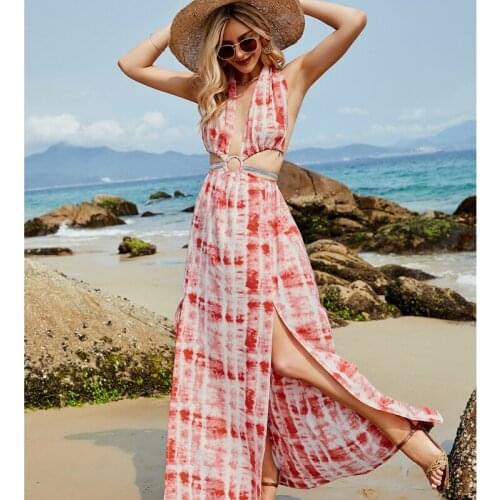 Women Sexy Backless Slit Dress Tie-dyed Printed Pattern Deep V-neck Sleeveless Green/ Red/ Blue