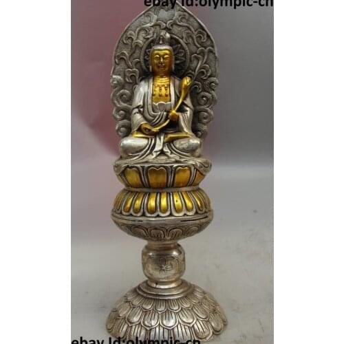 11" China Tibet Silver gild Buddhism Lotus Kwan-yin Guanyin Bodhisattva Statue