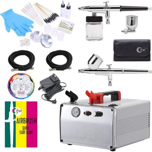 OPHIR 2-Airbrush Kit Dual Action Gravity Paint Gun Compressor Set DC 12V & Color Wheel & Accessories Kit for Model Hobby