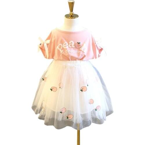 2021 Sweet Peach T-Shirts White Mesh Tutu Ball Gown Clothing Suit Angel Girls Bow Peach Print Pink Summer Clothing Girls Outfits