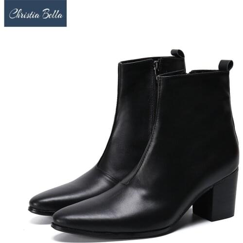 Christia Bella Genuine Leather Men High Heel Boots Pointed Toe Party Dress Boots Fashion Business Ankle Boots Male Formal Shoes