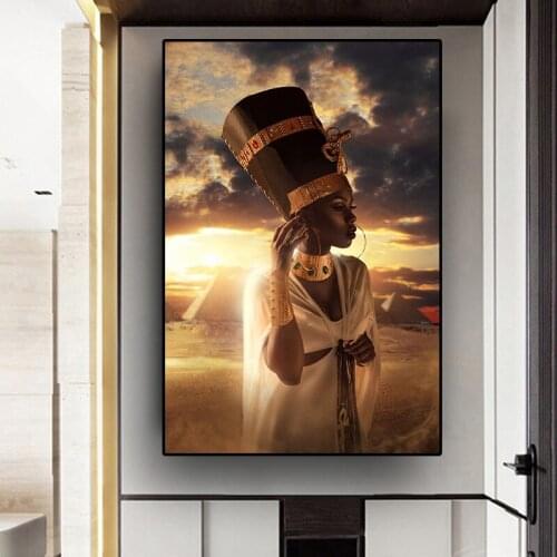 Black Sexy African Woman in Gold Pictures Sunset Oil Painting on Canvas Cuadros Posters and Prints Wall Art for Living Room