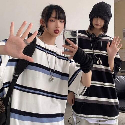 Maxxo Korean College Style Striped T-Shirt Tops Unisex Couple Short Sleeve Tee Grunge Clothes Urban Tees 90s Y2k Women 2021 Tops