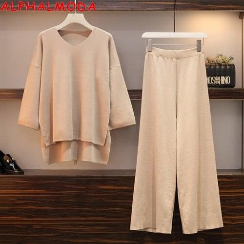 ALPHALMODA Autumn New Pullovers Knitting Loose Jumper + Pants 2pcs Casual Suit Three Quarter Sleeve Sweater Trousers Clothes Set