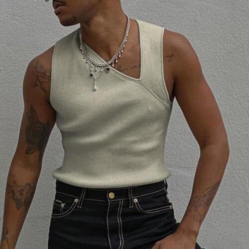 Men Tank- Tops Slash Neck Knitted Vest Solid Color Men Stylish Sleeveless Slim- Fit Summer Fashion Casual Vest Loose Streetwear
