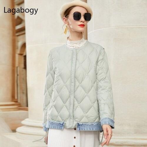 Lagabogy 2021 New Winter Women 90%White Duck Down Coat Ultra Light Denim Stitching Short Puffer Jacket Female Warm Casual Parka