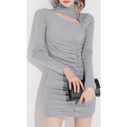 New arrival fashion slim party dress women temperament sexy high neck hollow cotton gray bag hip bottoming mini pencil dress