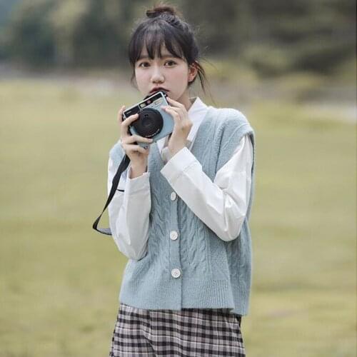 2021 Autumn Womens Vest Cardigan Japanese Jacket With Knitted Versatile Girls College Students Outdoor Leisure Blue