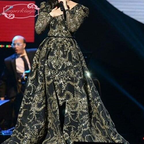Detachable evening dresses v neck celebrity dress gold sequins long sleeve black evening gowns 2 pieces prom dress