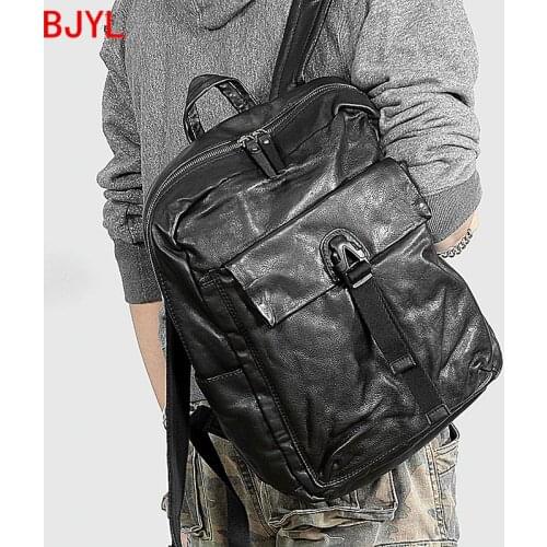 Genuine Leather Men Backpack Travel Backpack Casual Shoulder Laptop Bag Tide Mens Computer Backpacks Cowhide Leather Solid Bag