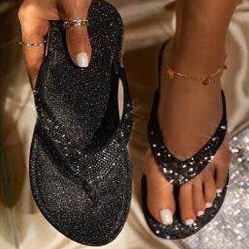 Women Slippers Summer Crystal Glitter Female Flat Shoes Flip Flop Outdoor Beach Lightweight Casual Fashion Bling Ladies Slipper