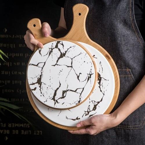 Nordic Marble Style Steak Plate Western Dish Domestic Black Ceramic Round Pizza Plate Wooden Tray with Handle