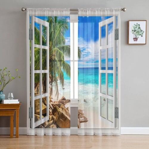 Window Sea View Coconut Tree Beach Tulle Sheer Window Curtains for Living Room Kitchen Children Bedroom Voile Hanging Curtain