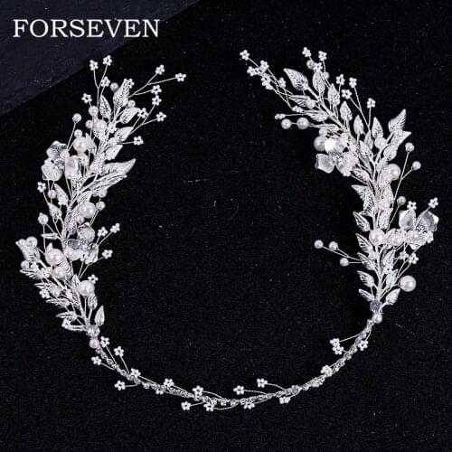 Silver Color Leaf Pearl Headband Tiara For Bridal Hair Accessories Wedding Hair Band Crystal Pearl Tiaras and Brides Headpieces