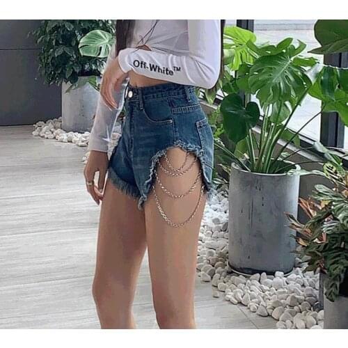 2021 New Streetwear Fringed Denim Shorts Womens Hem Sexy Blue Ripped Short Jeans High-waist Lace-up Skinny Summer Women