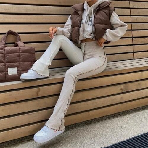 TRAF Women 2021 Fashion Contrast Ribbed Skinny Flared Pants High Waist Slim Legging Trousers Streetwear