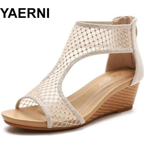 YAERNI Women Sandals New 2021 Open Toe 5cm Wedge Heels Zip Mesh Sexy Stylish Soft Comfort Breathable Big Size 36-42