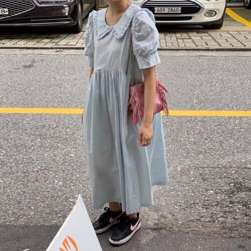 Summer fungus side blue women dress Lapel fashion temperament dresses for women Short sleeve loose woman dress