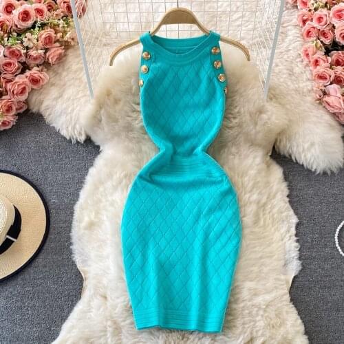 2021 Korean Version of the Summer New Round Neck Sleeveless Knitted Halter Strapless Dress Small Sexy Bag Hip Dresses