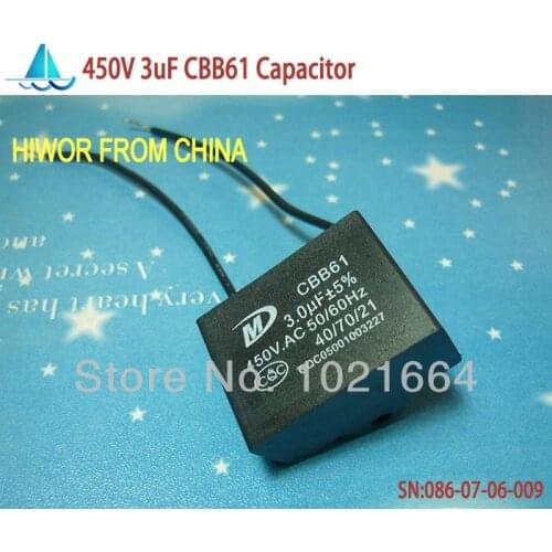 10pcs/lot)(CBB Capacitors) 3uf 450V AC CBB61 Metallized Capacitor For Motor Start-up Ceiling Fan, TOL:10