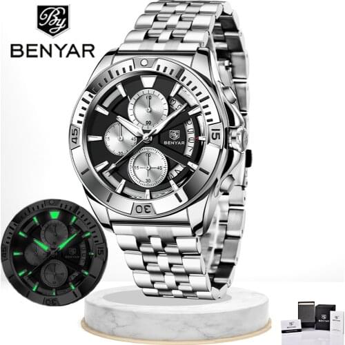 BENYAR 2021 New Mens Watch Top Luxury Brand Quartz Watches Mens Fashion Stainless Steel Strap Waterproof Luminous Wristwatches