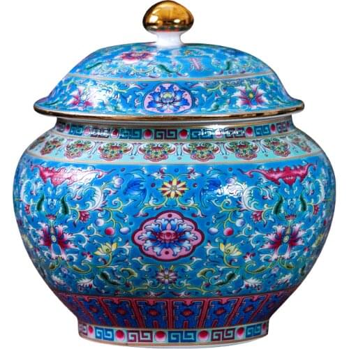 Jingdezhen Classis Handpaint Colorful famille rose ceramic jar small enamel painted golden antique tea storage tank with lid