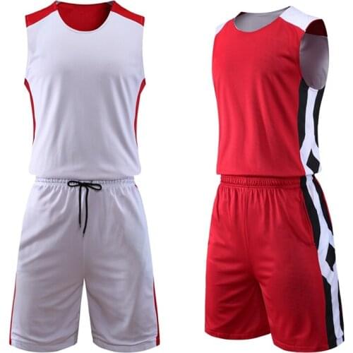 Men Reversible College Basketball Jerseys Shorts Side Pocket Youth Basketball Uniforms Sport Kits throwback Basketball Sets Red