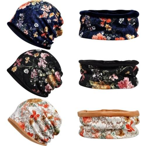 Women Plus Soft Multi-Use Neck Warmer Scarf Hat Lace Floral Beanie Cap Knitted Snood Scarf Neckerchief Lady Neck Warmer Wrap