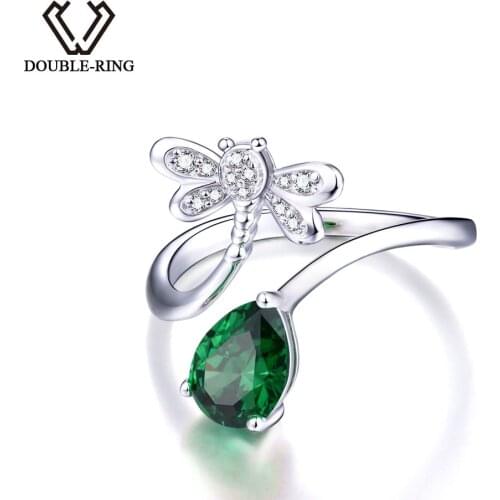 DOUBLE-R Created Emerald Gemstone 925 Sterling Silver dragonfly Ring