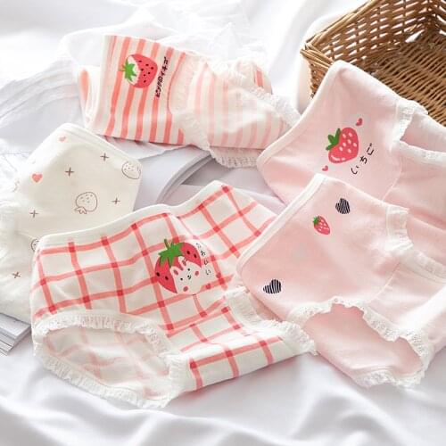 Cartoon Strawberry Pattern Cotton Panties Women Underwear Cute Girls Panties Checked Briefs Female Lingerie NK28