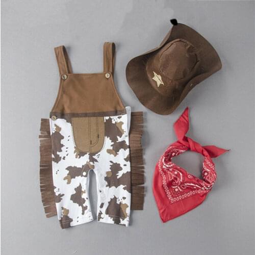3PCS Toddler Baby Boy Girl Clothes Sets Carnival Fancy Dress Party Costume Cowboy Outfit Romper +Hat+Scarf Sets