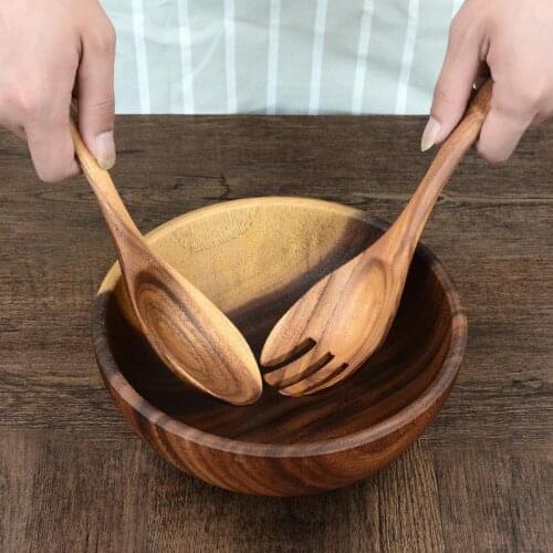 NEW Large Wooden Spoon Set Big Salad Serving Spoon Fork Natural Wood Tablespoon Long Handled Cooking Spoon Kitchen Utensils