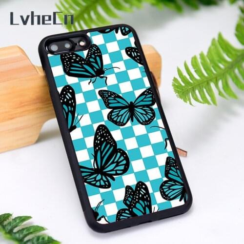 LvheCn Silicone Rubber Phone Case Cover for iPhone 6 6S 7 8 Plus X XS XR 11 12 Mini Pro Max Blue Butterfly Checkers