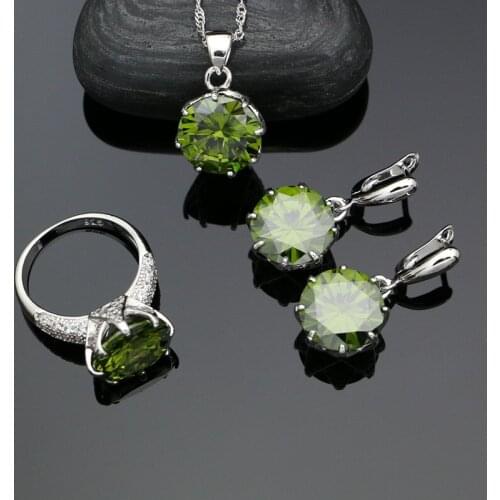 925 Silver Jewelry Sets Olive Green Cubic Zirconia Earrings Ring Pendant Necklace Set For Women Party Silver Accessories
