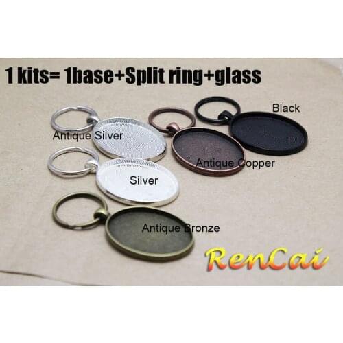 10Kits 30x40mm Oval Key Chain Pendant Blank Setting With Base+Split+Glass For Glass Cabochons DIY Jewelry Accessories Making