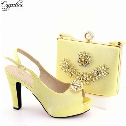Amazing gold evening party high heel sandal shoes matching with purse bag set with crystal stones A9982, heel height 11cm