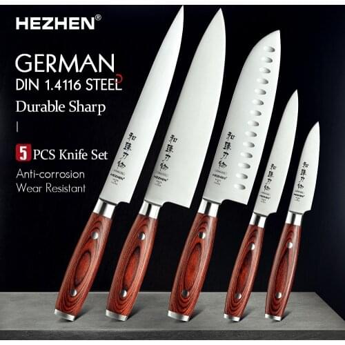 HEZHEN 1-5PC Knife Set Carving Chef Santoku Utility Paring Stainless Steel Cleaver Slice Kitchen Tool Cook Beautiful gift Box