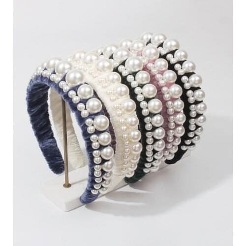 Luxury Large Imitation Pearl Hairband Exquisite Velvet Broad-brimmed Handmade Headband For Women Female Hair Jewelry Accessories