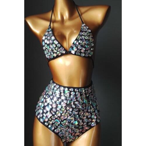 Sexy Bar Nightclub Women Groups DJ Pole Dancing Costume Silver Black Rhinestones Bikini High Waist Shorts Outfit Dancer Costume