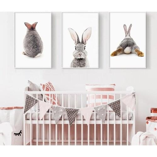 Grey Rabbit Animal Posters and Prints Canvas Art Painting Cute Bunny Wall Art Nursery Decorative Kids Decoration Picture Nordic