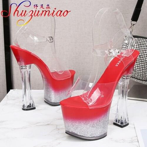 Shuzumiao Women Shoes Summer Waterproof Platform Sandals 2021 New Transparent Square Heel High Heels 17cm Ladies Pole Dance Shoe