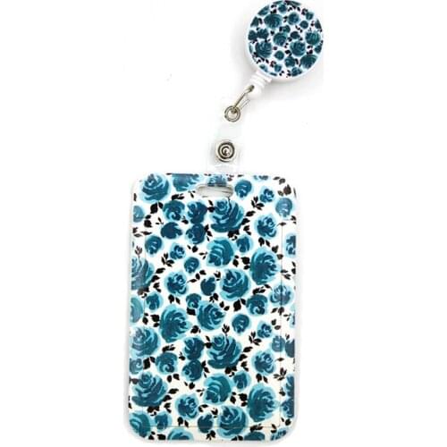 Blue Flower Rose Cartoon Cute Credit Card Holder Lanyard Women Men Kid Student Retractable Badge Reel ID Name Bus Clips Card