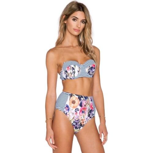 High Waist Favor Top Strapless Bikini Set padded Underwire 2019 Floral Print Swimsuit Ladies off shoulder Sexy Swimwear