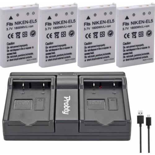 Probty 4Pc EN-EL5 EN EL5 camera Battery + dual USB Charger For Nikon CoolPix P530 P510 P500 P90 P80 4200 5900 7900 P4 S10 camera