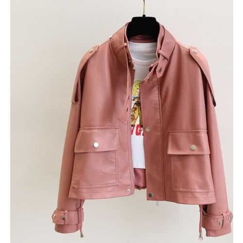 Ailegogo 2021 New Autumn Women Streetwear Pink Pu Faux Soft Leather Jacket Casual Female Motorcycle Biker Zipper Big Pocket Coat