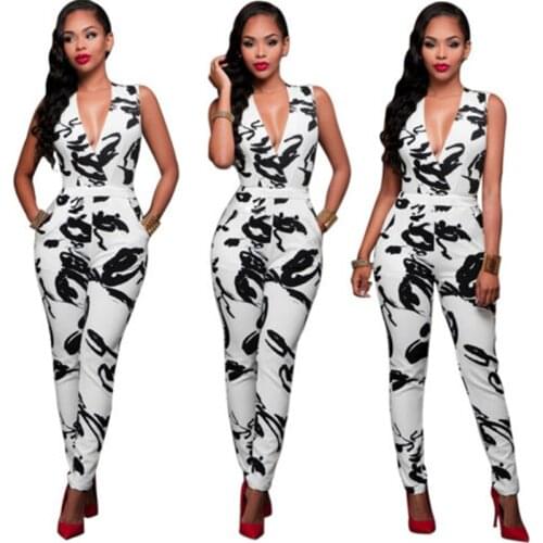 Women Deep V Neck Bodysuit Sleeveless Sexy Jumpsuit Chinese Style Black Printing New Sexy Women Romper Trousers Clubwear