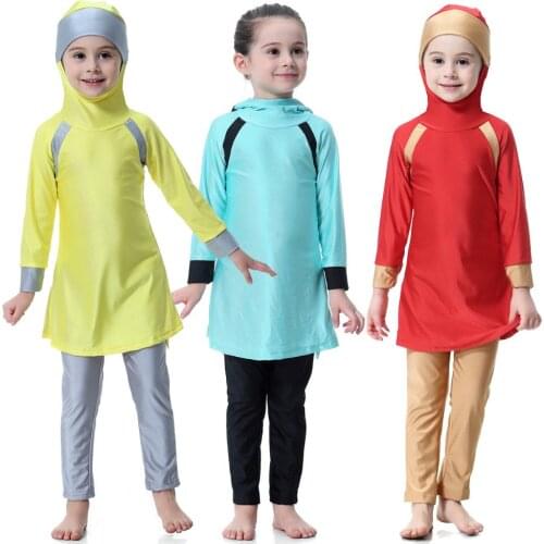 2019 Muslim Kids girl swimsuit with hijab full cover islamic swimwear red yellow blue swimming wear clothing