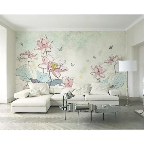 Beibehang 3d wallpaper fresh vintage hand-painted style lotus butterfly background wall painting wall paper home decor behang